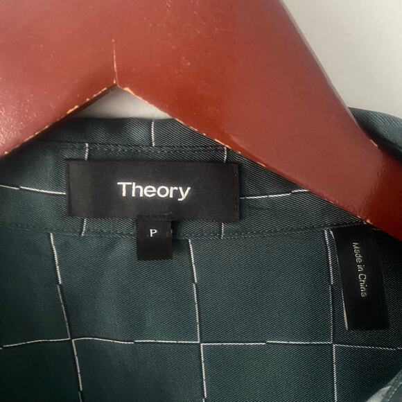 Theory Belted Shirt Dress Maxi in Petrol Multi Graphic Grid Print Small Petite - Picture 3 of 9